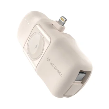 Wozinsky WF16-YLS 5000mAh 15W Lightning Mini Power Bank ar iebūvētu USB-C kabeli un Apple Watch lādētāju - Bēšs...