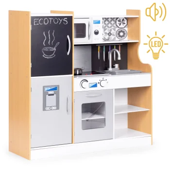 Bērnu koka rotaļu virtuve ar skaņu, LED, tāfeli un metāla aksesuāriem, ECOTOYS, no 3 gadiem