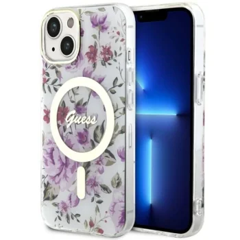 Чехол Guess для iPhone 14 IML Flower MagSafe, прозрачный