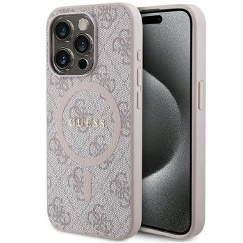 Guess iPhone 14 Pro Max vāciņš 4G Collection Leather Metal Logo MagSafe, rozā