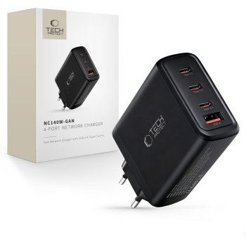 Tech-Protect NC140W-GAN 4-portu 140W sienas lādētājs – melns