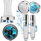 Shower head with turbine, replaceable filter and fan, silver/blue