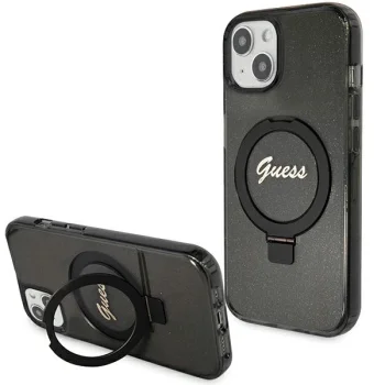 Чехол Guess Ring Stand Script Glitter MagSafe для iPhone 15 - черный