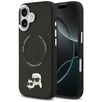 Karl Lagerfeld iPhone 17 vāciņš MagSafe PU Karl & Choupette Pins, melns