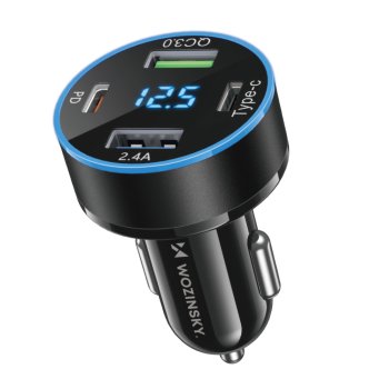 Wozinsky WDCCB automašīnas lādētājs ar displeju 50W 2xUSB-C / 2xUSB-A - Melns | Phone Car Charger
