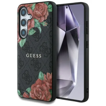 Guess Leather 4G Flowers MagSafe vāciņš Samsung Galaxy S25, melns