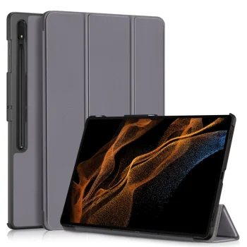 Samsung Galaxy Tab S9 Ultra (SM-X910, SM-X916B) Tri-fold Stand Design Leather Case Cover, Grey | Чехол...