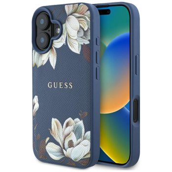 Guess Grained Printed Flower Pattern MagSafe vāciņš iPhone 16 zils