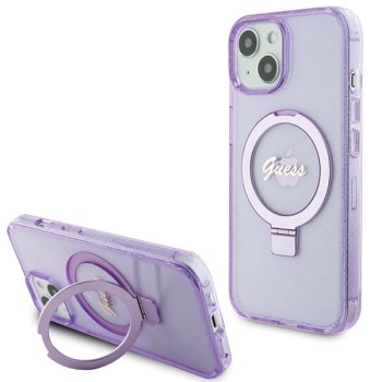 Guess iPhone 15 Plus / 14 Plus Case Ring Stand Script Glitter MagSafe, Purple