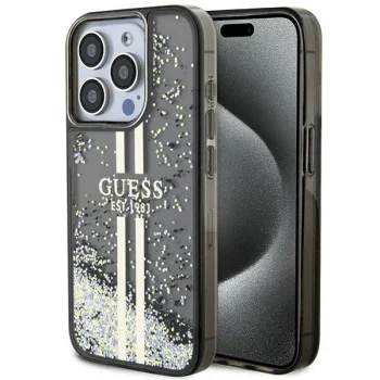 Guess iPhone 15 Pro vāciņš Liquid Glitter Gold Stripes, melns