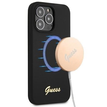 Guess Silicone Script Gold Logo vāciņš iPhone 13 / 13 Pro, melns