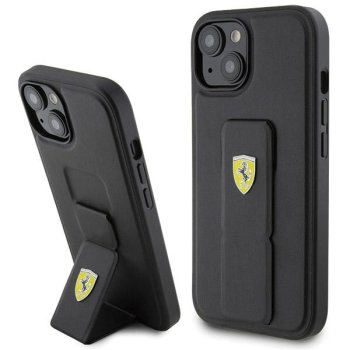 Чехол Ferrari Grip Stand Metal Logo для iPhone 15 - черный