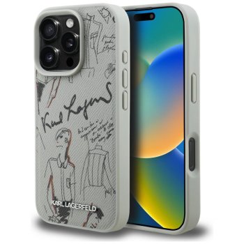 Karl Lagerfeld MagSafe vāciņš ar graudainu rakstu un logo iPhone 16 Pro Max – pelēks | Phone Case Cover