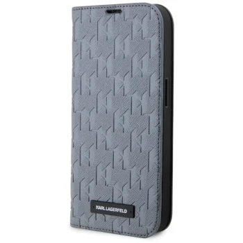 Karl Lagerfeld iPhone 14 atverams vāciņš maciņš grāmatiņa Saffiano Mono, sudraba