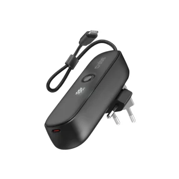 SBS Hybrid ārējais akumulators 5000mAh ar PD 20W un iebūvētu kabeli, melns