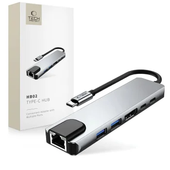 USB-C centrmezgls Tech-Protect HB02 6in1 HDMI 4K RJ45 PD100W pelēks