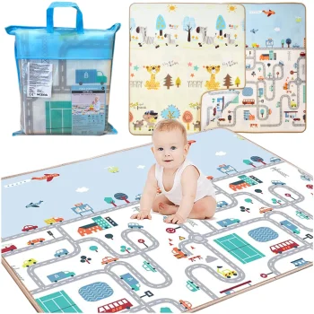 Large double-sided foldable kids foam play mat 150 x 180 cm, tiger and city