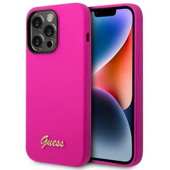 Силиконовый чехол Guess Silicone Vintage Gold Logo для iPhone 14 Pro Max, фуксия