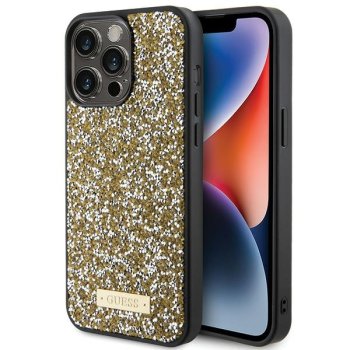 Guess iPhone 15 Pro vāciņš Rhinestone Metal Logo, dzeltens