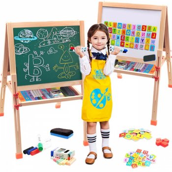Children's Double-Sided Adjustable Height Magnetic Drawing Board Blackboard with Accessories (Crayons, Letters, Markers)