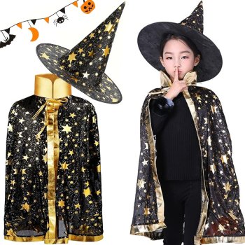 Wizard Costume for Halloween with Starry Cape and Pointed Hat