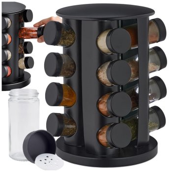 Rotating Spice Rack Organizer with 12 Glass Jars, Black