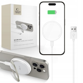 Tech-Protect QI15W-A33 induktīvā lādētājs ar MagSafe un statīvu ar USB-A / USB-C kabeli - balts