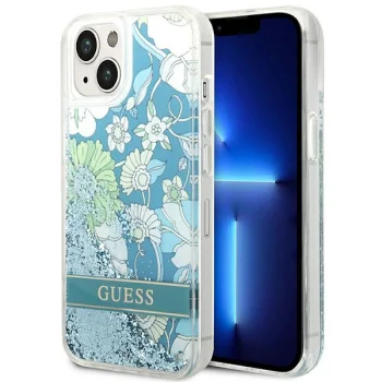 Guess Flower Liquid Glitter iPhone 14 Plus vāciņš, zaļš
