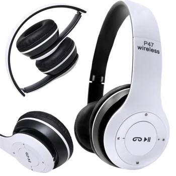 Bezvadu austiņas P47 ar Bluetooth, mikrofonu un FM radio, baltas