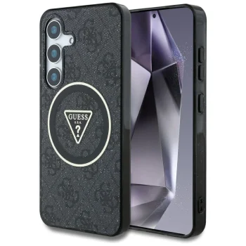 Чехол Guess 4G Glitter Triangle Buttons MagSafe для Samsung Galaxy S25 Черный