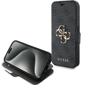 Guess iPhone 15 Pro atverams vāciņš maciņš grāmatiņa 4G Big Metal Logo, pelēks
