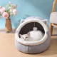 Soft Pet Bed House with Cat Ears, Size M, Grey