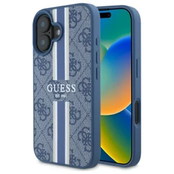 Guess iPhone 16 vāciņš 4G Printed Stripes MagSafe, zils