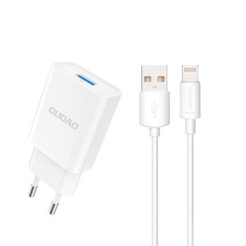 Dudao A4EU USB-A 2.1A sienas lādētājs – balts + USB-A – Lightning kabelis
