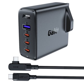 Ātrais lādētājs GaN UK 100W Power Delivery 3x USB-C 1x USB – melns