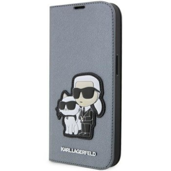 Karl Lagerfeld iPhone 14 Pro atverams vāciņš maciņš grāmatiņa Saffiano Karl & Choupette, sudraba