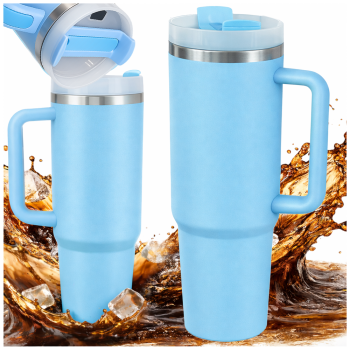 Large Thermal Mug with Handle and Straw 1.2L Stainless Steel, Blue