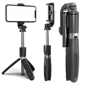 Saliekams Selfiju Kāts Nūja + Tripods Statīvs ar Bluetooth Tālvadības Pulti, Melns | Selfie Stick with Tripod...