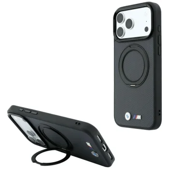Чехол BMW Kevlar Ring Stand 360 MagSafe для iPhone 18 Pro / 17 Pro, темно-серый