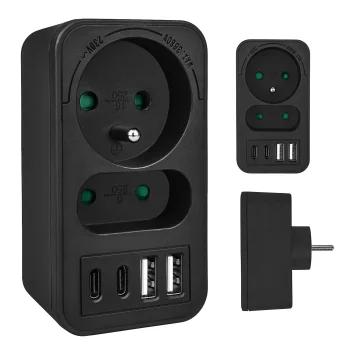 Rozetes sadalītājs Maclean MCE249 F/B 2x kontaktligzdas, 2x USB-A 18W, 2x USB-C PD 20W, melns