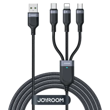 Joyroom S-A18 trīs vienā USB-A uz Lightning / USB-C / Micro USB kabelis, 0.3m, melns