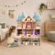 Koka leļļu māja - pils Ecotoys Bella 4 stāvi, 15 mēbeles