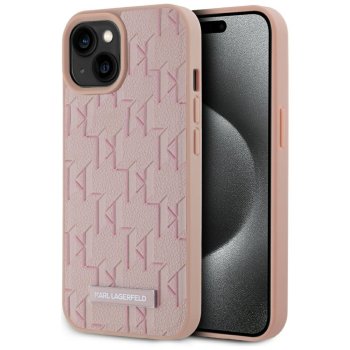 Karl Lagerfeld Leather Monogram Metal Logo MagSafe vāciņš iPhone 15, Rozā