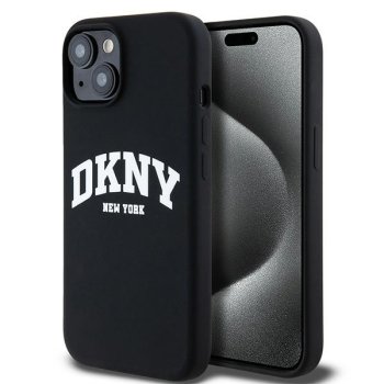 Чехол DKNY для iPhone 15 / 14 / 13 Liquid Silicone White Printed Logo MagSafe, черный