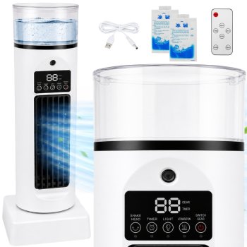 Pārnēsājams ūdens dzesētājs un ventilators ar mitrinātāju, balts
