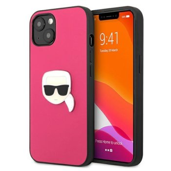 Karl Lagerfeld iPhone 13 mini vāciņš Leather Ikonik Karl's Head, rozā