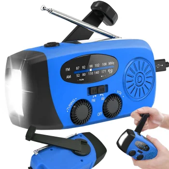 Avārijas radio ar lukturi, saules bateriju, rokas ģeneratoru un USB, zils