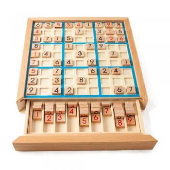 Koka Sudoku Dēlis Puzle, Zila | Wooden Sudoku Board Puzzle Set with Drawer Math Brain Teaser
