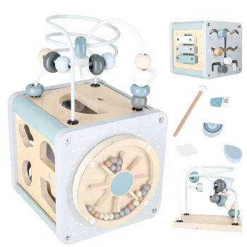Wooden Educational Activity Cube 5-in-1 with Motor Loop and Sorter, Blue
