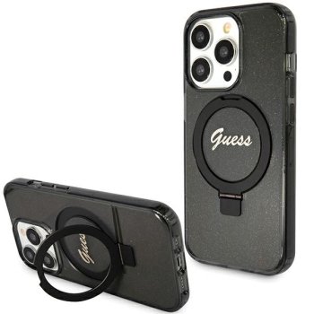 Guess iPhone 15 Pro vāciņš Ring Stand Script Glitter MagSafe, melns